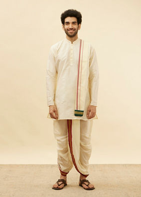 Bright Cream Contrast Bordered Traditional South Indian Dhoti Set image number 2